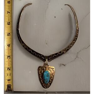 Navajo Sterling Silver 14K Gold Turquoise Pendant Necklace DH Makermark Vintage